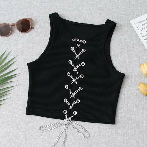 Sleeveless Lace Up Chain White Crop Tops