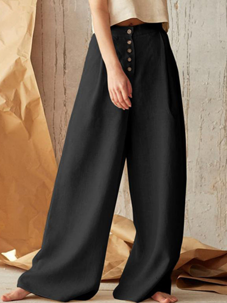 Solid High Waist Pants Casual Pocket Loose Wide Leg Trouser