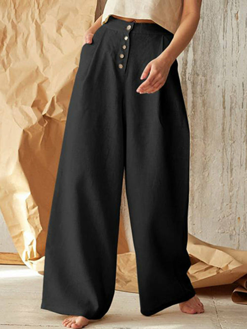 Solid High Waist Pants Casual Pocket Loose Wide Leg Trouser
