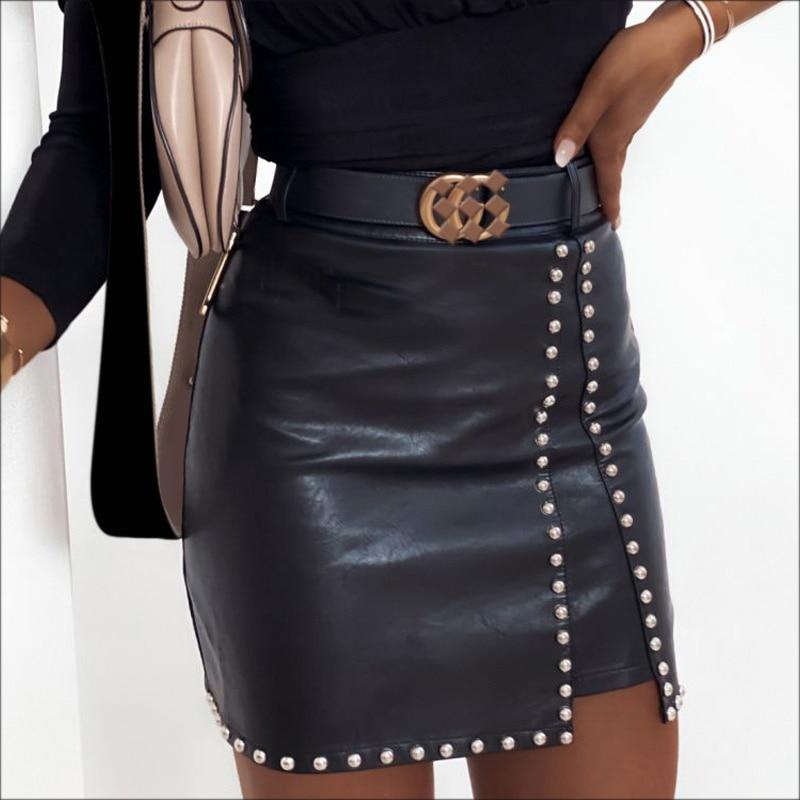 Rivets Pu Leather Mini Skirt Not with Belt