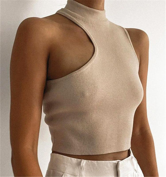 Ribbed Knitted Turtleneck Top Hollow Out Casual Off Shoulder Tops