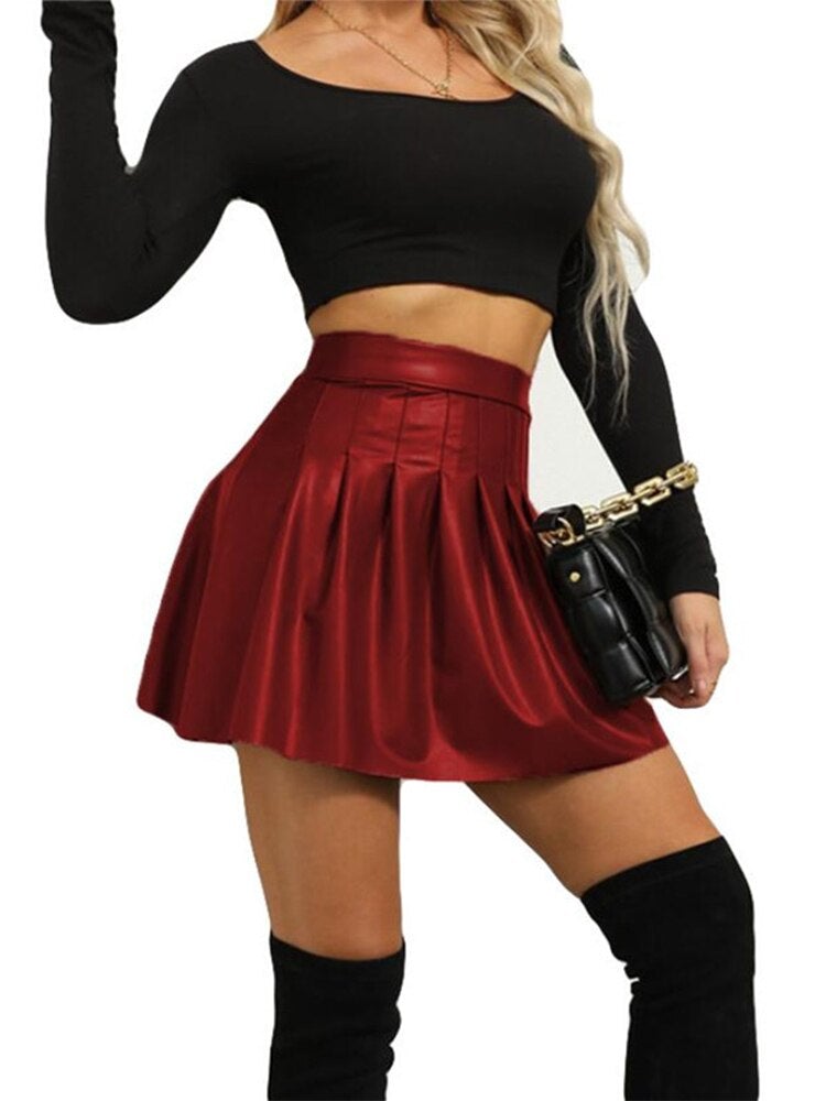 Fashion PU Leather Mini Skirt Elegant Solid Pleated Skirts