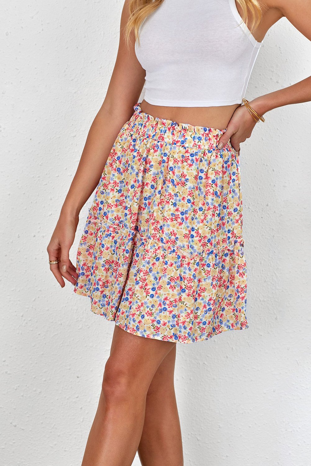 Summer Yellow Floral Print Elastic Waist Mini Skirt