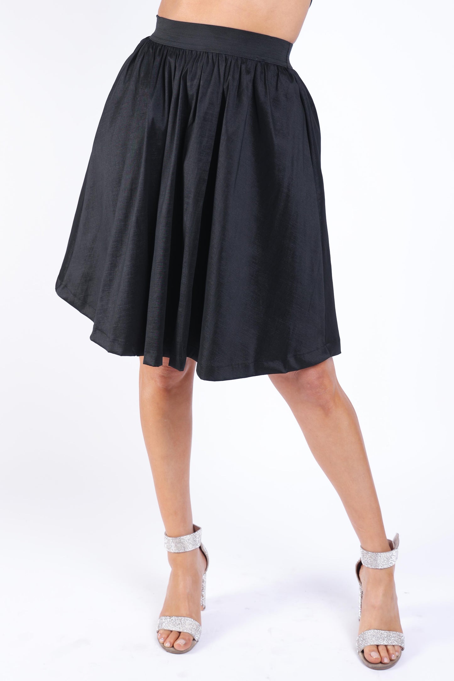 Casual Elastic High Waist Pleated Midi Flare Black Skirt