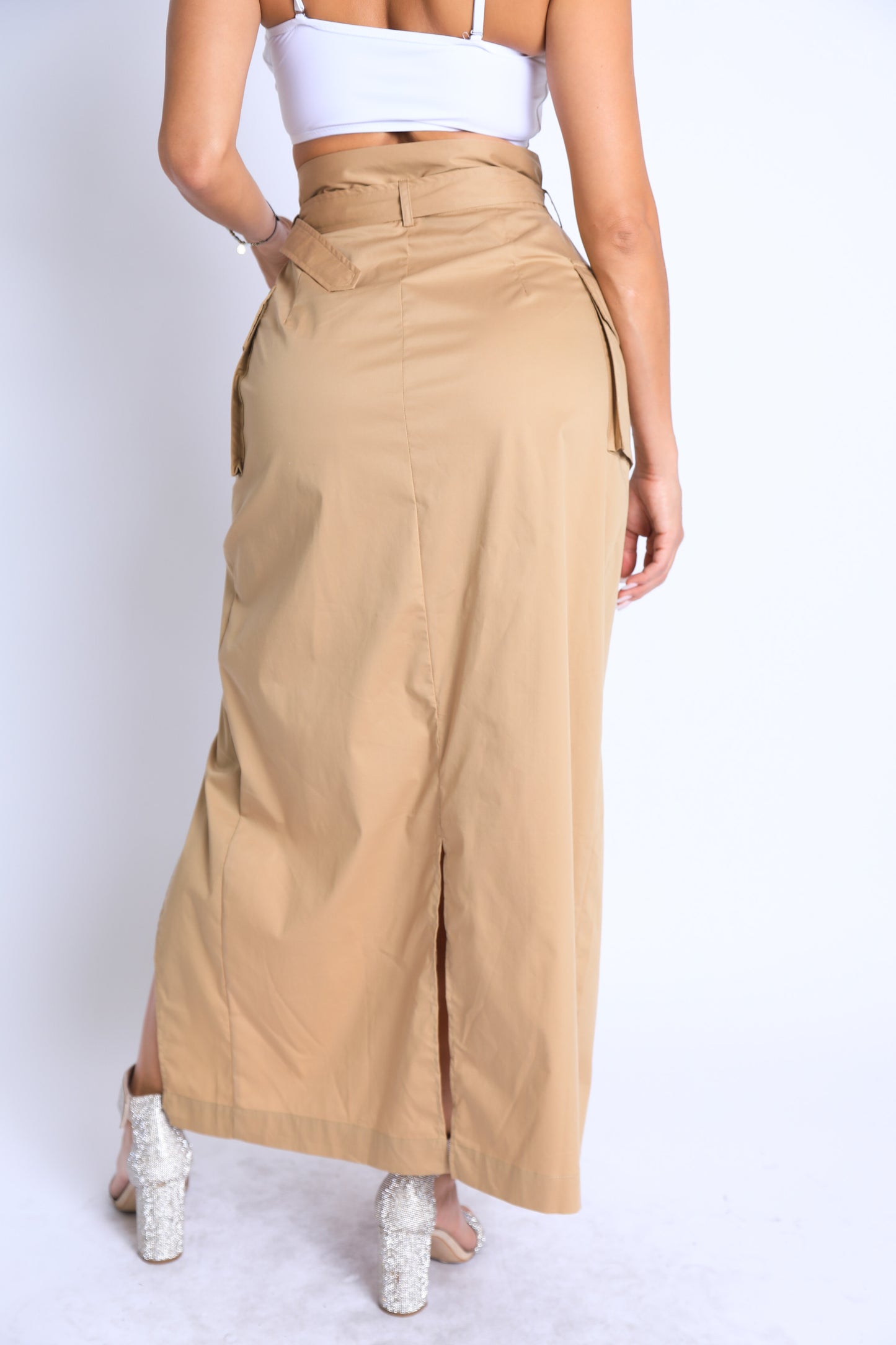 Asymmetric Self Belted Pockets Detailed Maxi Skirt Formal Casual